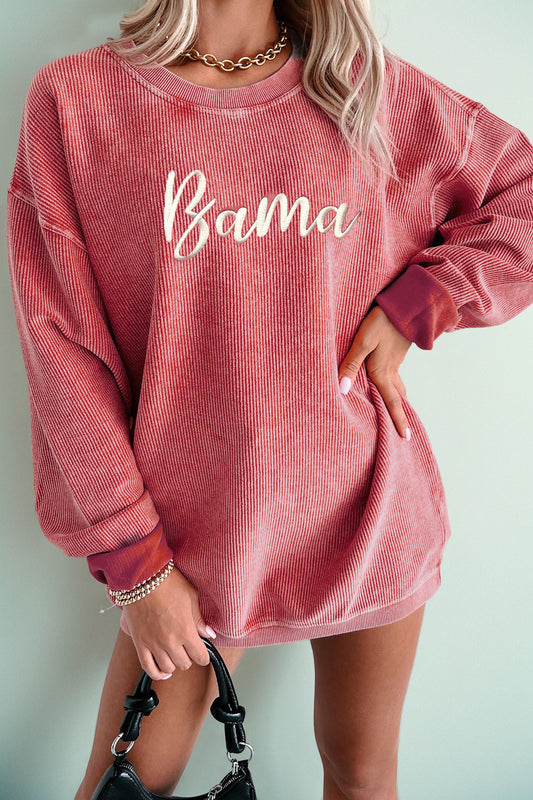 Strawberry Pink Corded Ribbed Bama Embroidered Letter Graphic Sweatshirt Strawberry Pink 100%Polyester 047d7227d9a97a09