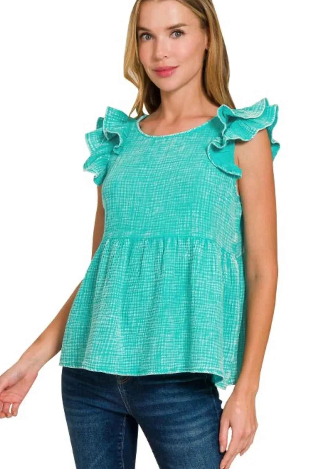 Zenana Double Gauze Acid Washed Tiered Ruffle Peplum Top 047e0003-3453-40dd-9a6c-a4b80c7f3c04-Max-Origin