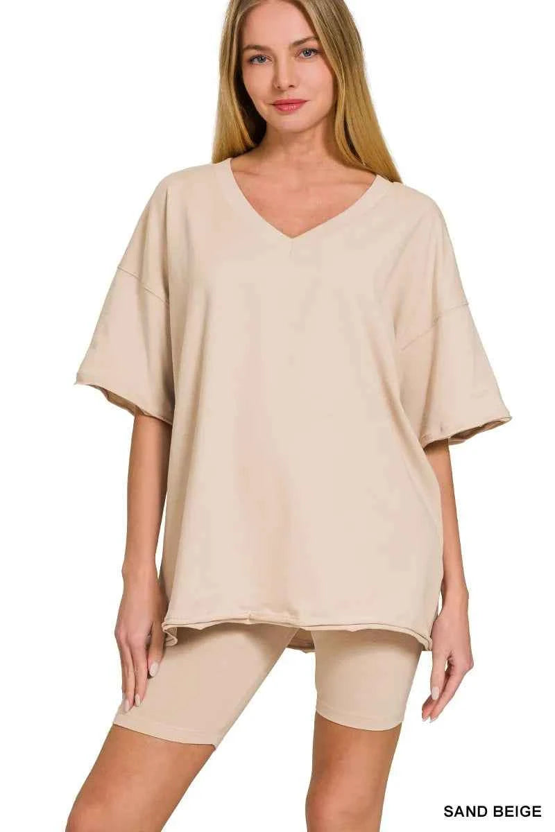 Zenana Cotton V-neck Top & Biker Shorts Set SAND BEIGE 04830c1809494268a049e632c958c397-Max-Origin