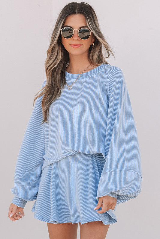 Sky Blue Corded Lantern Sleeve Top High Waist Ruffled Mini Skort Set 048449adb3d109ba