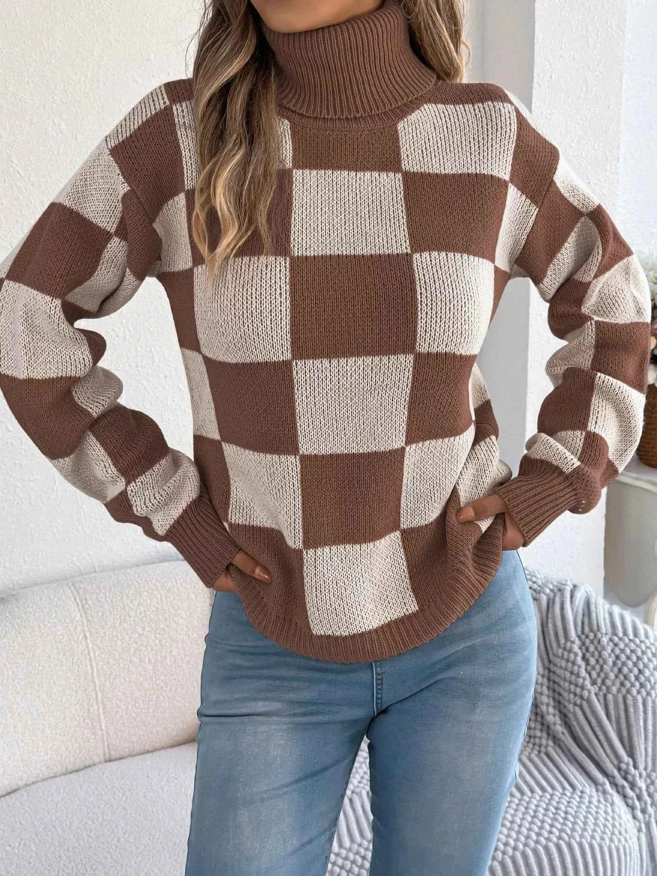 Checkered Turtleneck Long Sleeve Sweater 04851c26-b568-4086-b0c6-4c3ed20f9947-Max-Origin