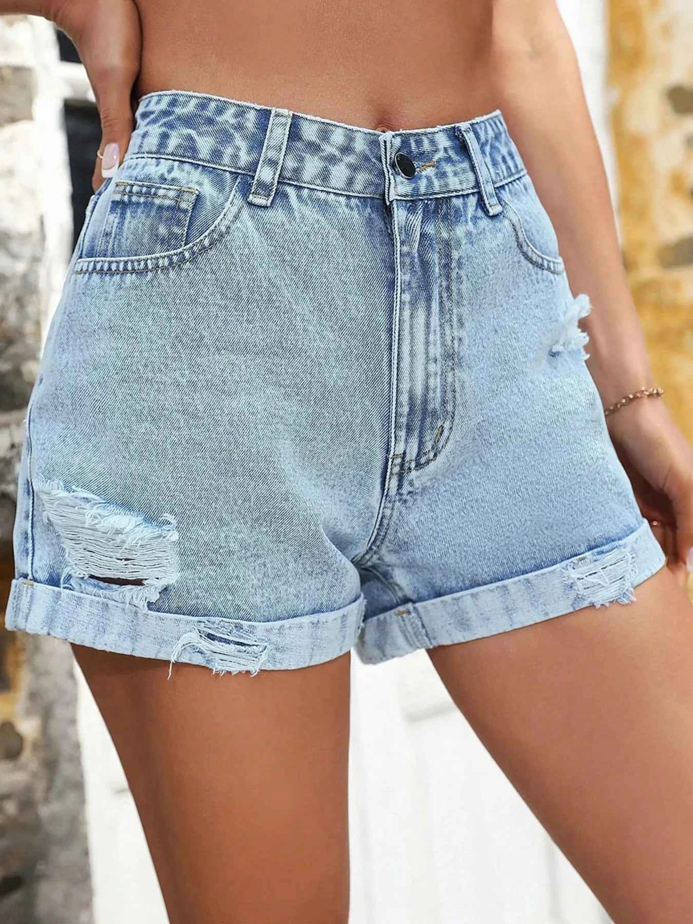 High-Waisted Distressed Denim Shorts 0486016548934a8383498c3c68d0fe40-Max-Origin