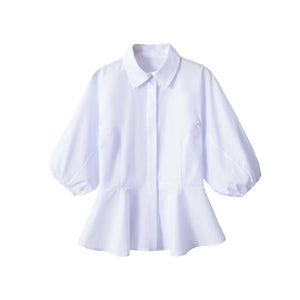 Waist-Defined Bubble-Sleeve Shirt White 048FFF68BC5CC312876E633896BE3936