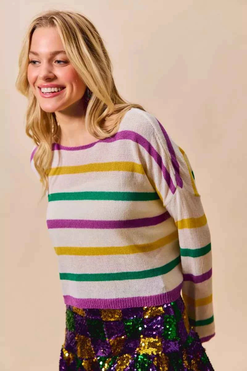 SO ME Mardi Gras Color Stripe Lightweight Sweater Top 048be44e478543cd9478231101a8ce77-Max-Origin