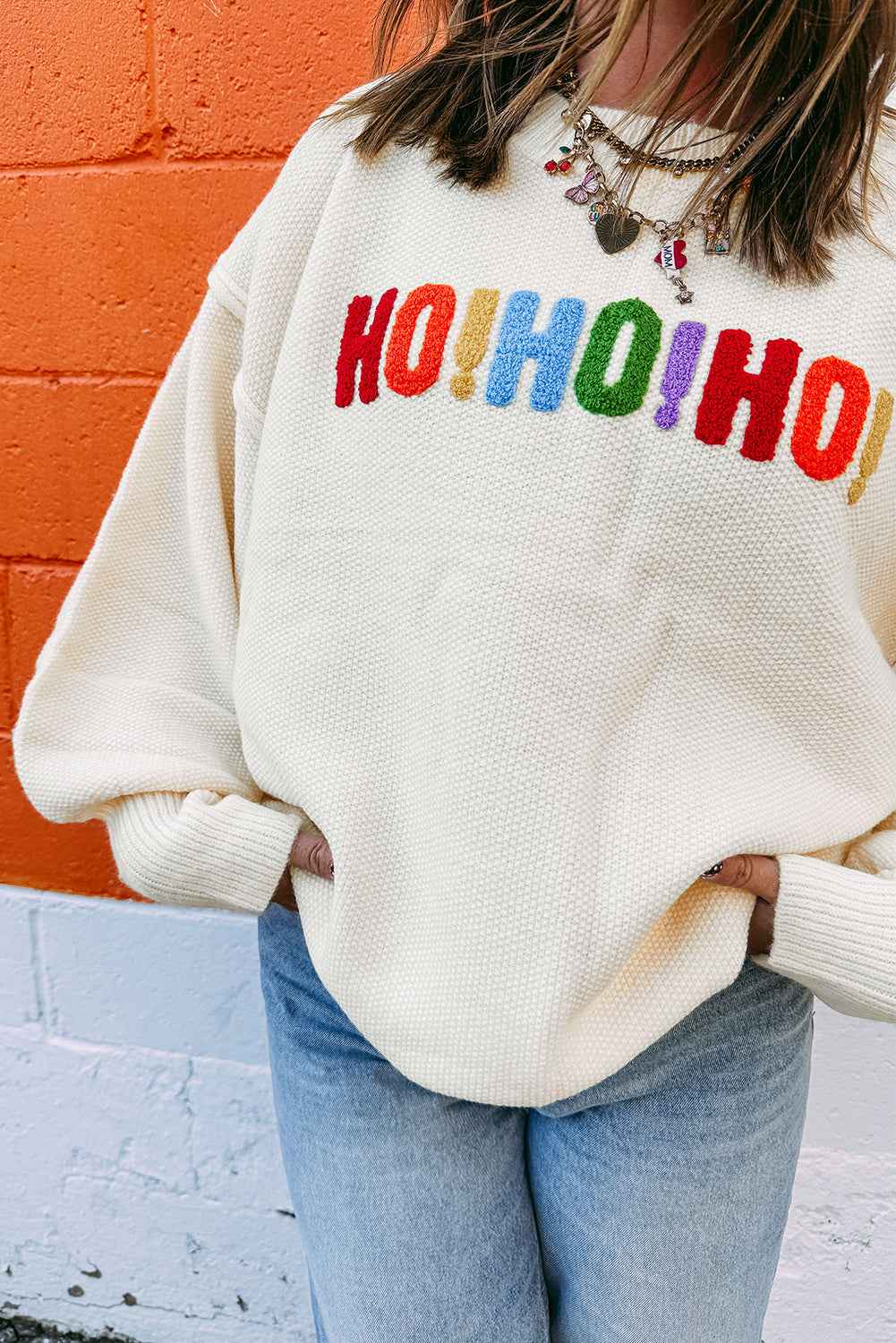 White HOHOHO MERRY CHRISTMAS Chenille Letter Graphic Holiday Sweater White 65%Acrylic+35%Polyamide 048cc8dc9a307b51