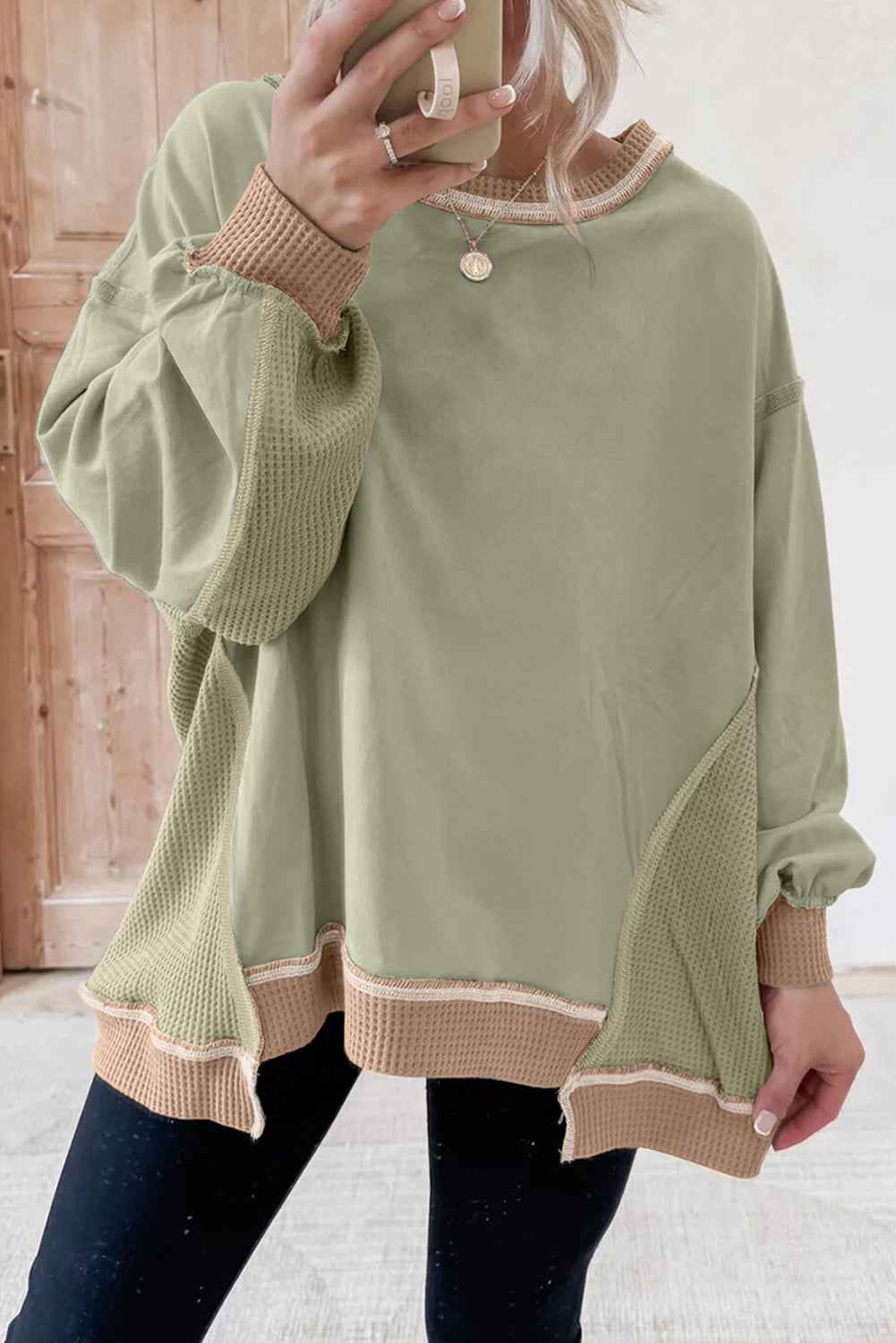 Smoke Green Colorblock Waffle Patchwork Oversize Sweatshirt Smoke Green 65%Polyester+35%Cotton 048ce58675fed990