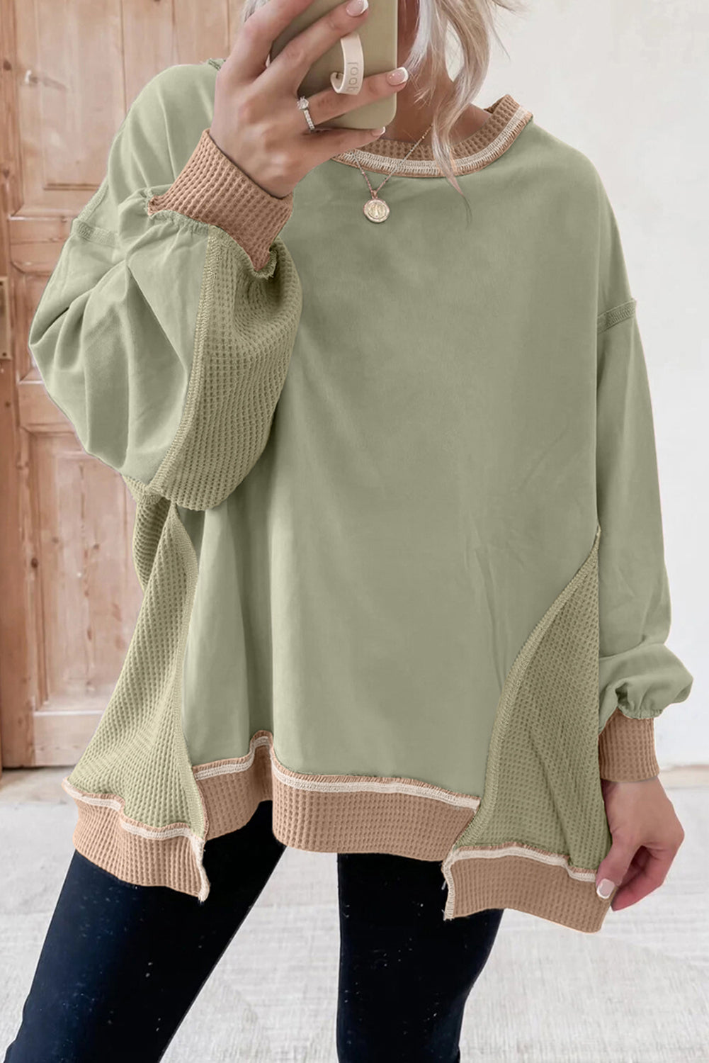 Smoke Green Colorblock Waffle Patchwork Oversize Sweatshirt Smoke Green 65%Polyester+35%Cotton 048ce58675fed990