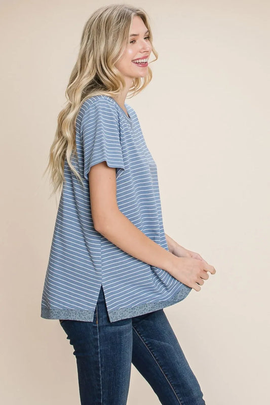Cotton Bleu by Nu Lab Slit Striped Notched Short Sleeve T-Shirt 04918a22-6004-43ad-8a6a-dee3a7b555ec-Max
