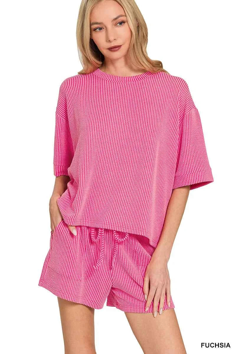 Zenana Raised Rib Short Sleeve Tee and Drawstring Shorts Set 04949c98-b4c0-4783-a3da-d5d739769280-Max-Origin