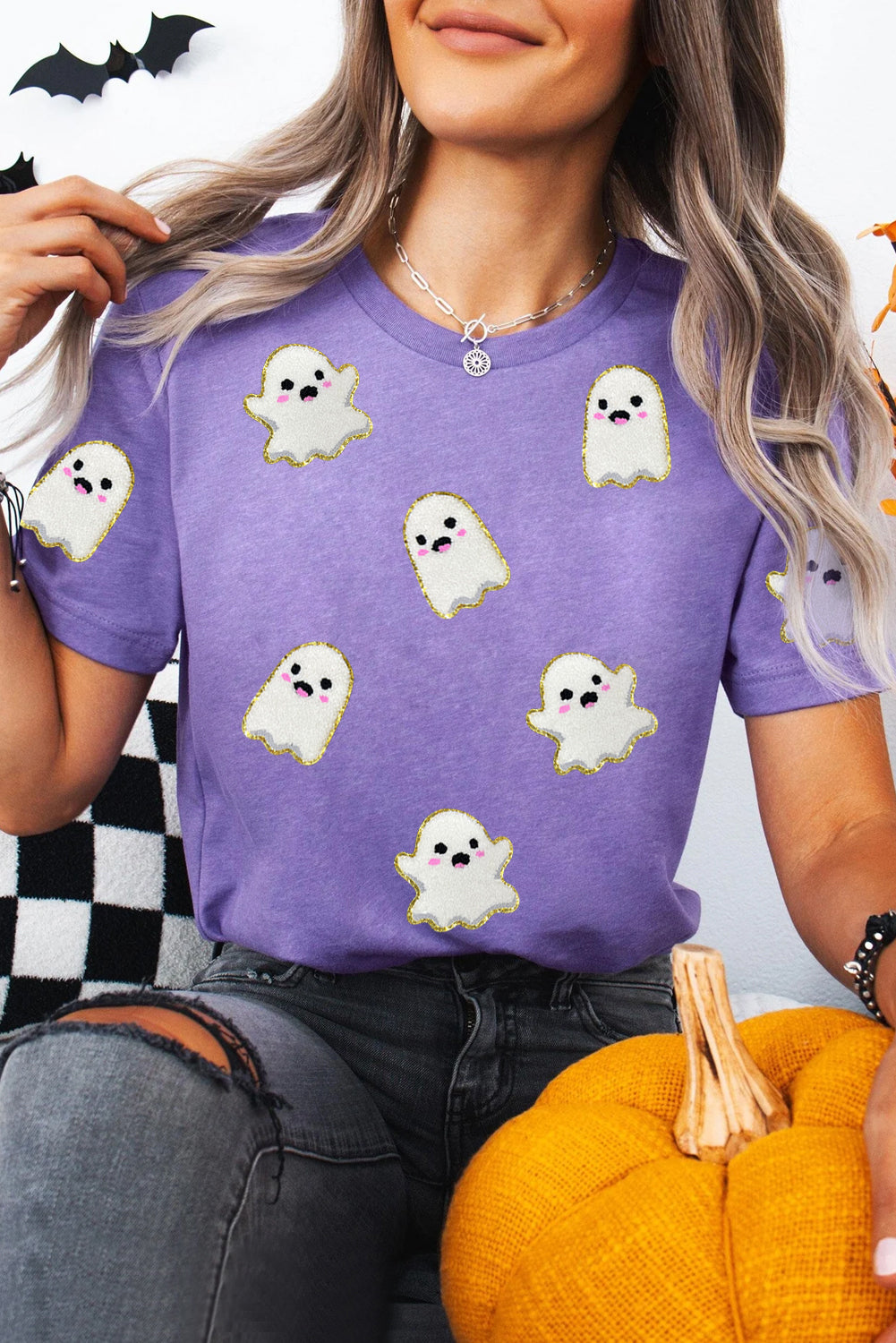 Wisteria Glitter Trim Chenille Ghost Sequins Patch Application Halloween Graphic Tee 04953a3a5a929d23