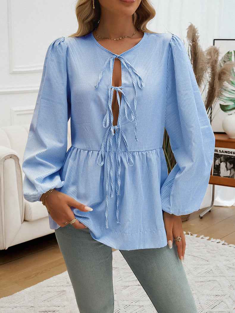 Sky Blue Striped Bow Tie Front Peplum Shirt Sky Blue Stripe 049e1cac881a96f9
