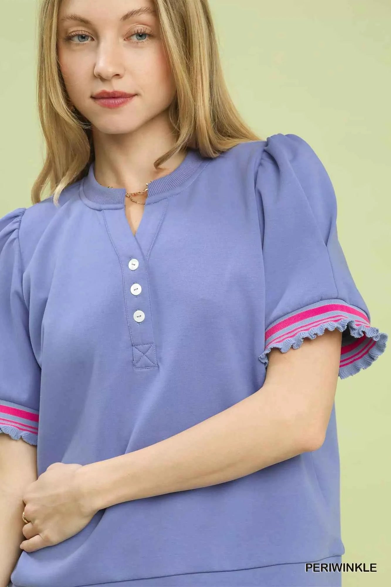 Umgee Puff Sleeve Button Front Top with Contrast Trim 049f04b1-d2cc-449b-94d6-cb040481ca94-Max-Origin