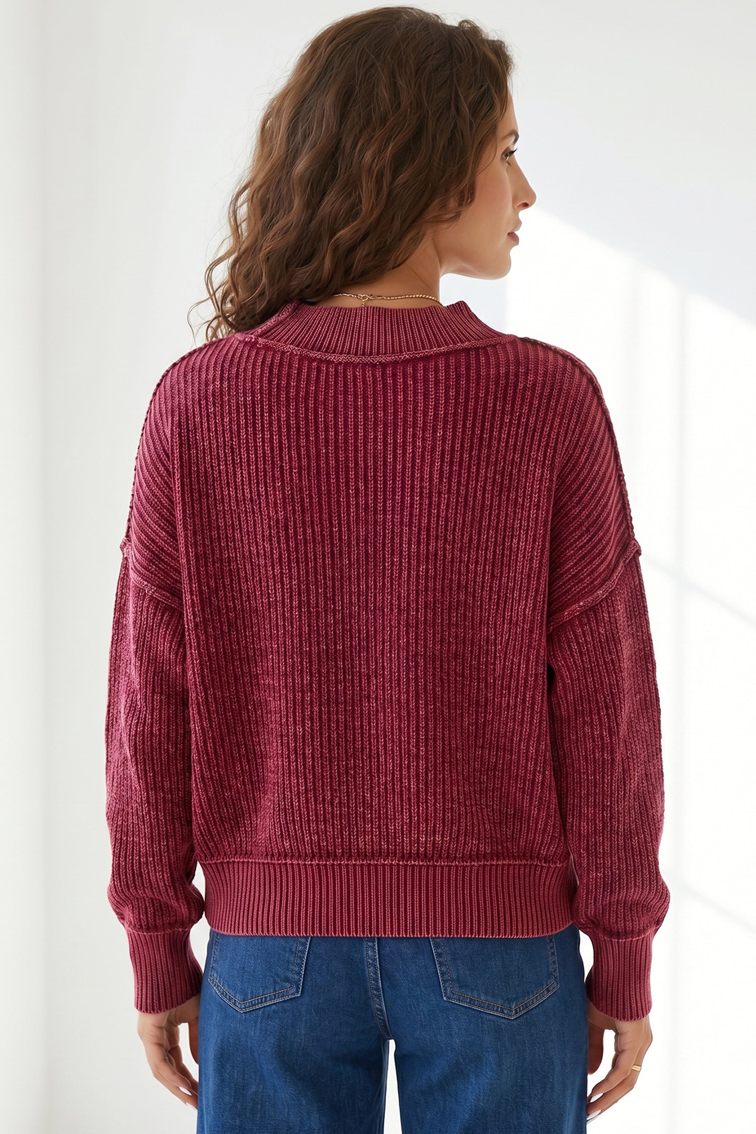 Red Dahlia Drop Shoulder High Neck Ribbed Sweater 04a39f82afe1ff34
