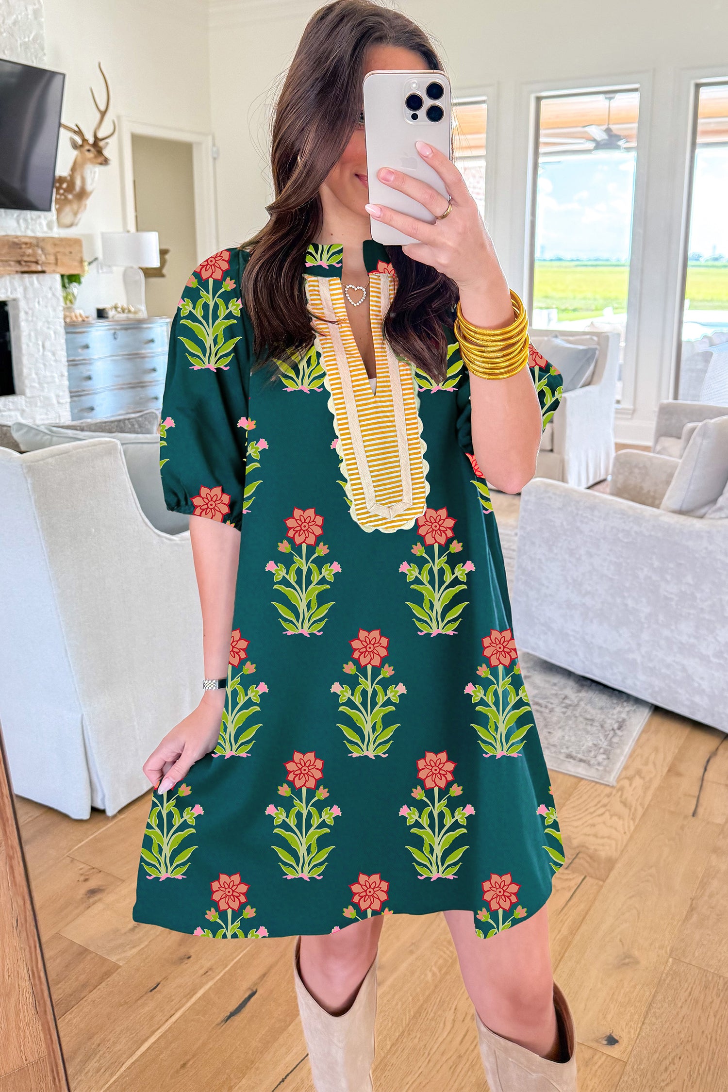 Green Floral Print Contrast Trim Striped Patchwork Short Sleeve Dress 04a9b366ee375c8b