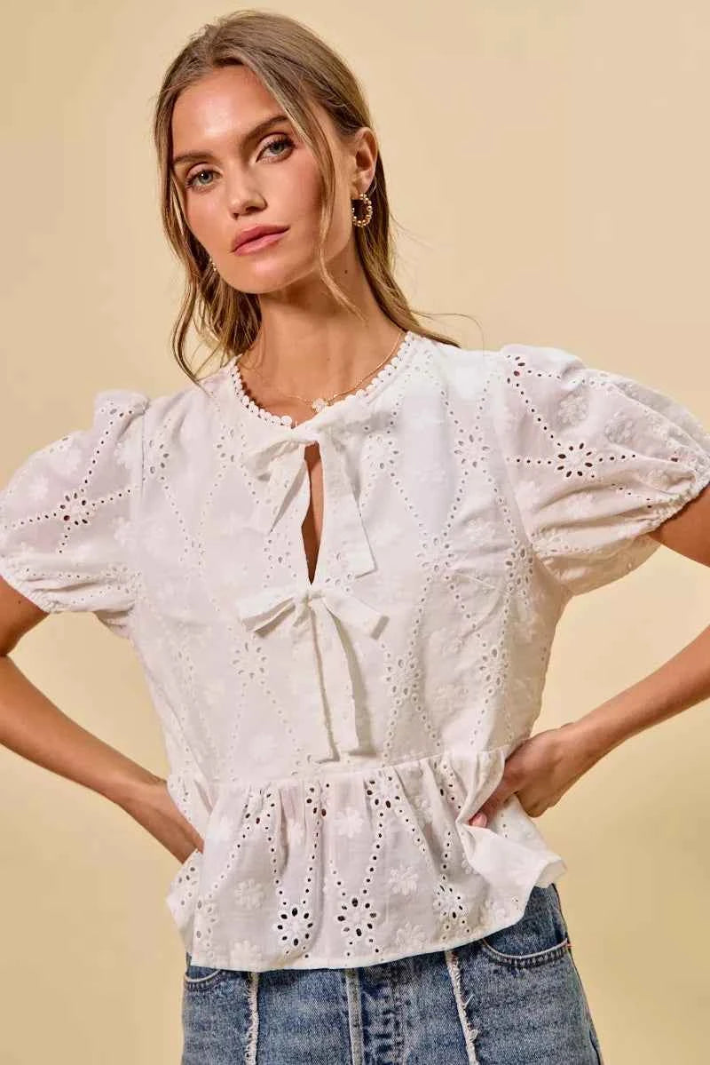 SO ME Cotton Eyelet Front Tie Short Sleeves Blouse 04aadaf273dc427ea75d98398ce85e7b-Max-Origin