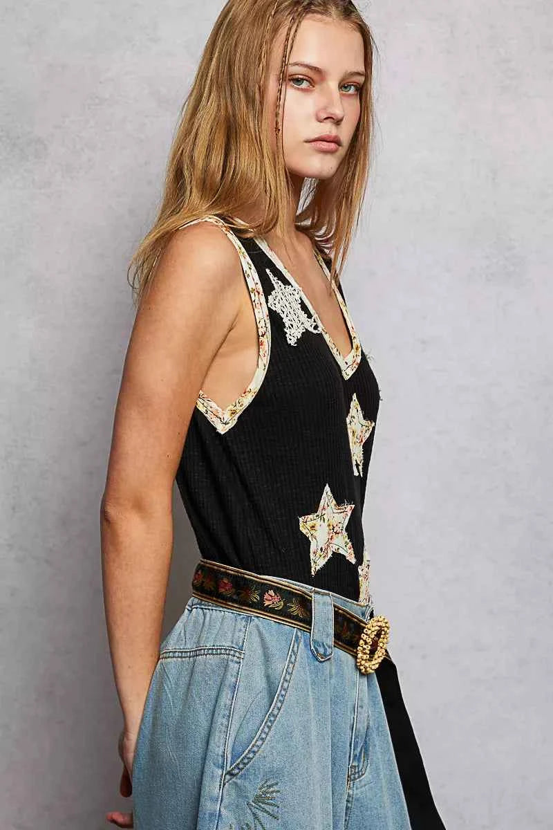 POL Washed Ribbed V-Neck Tank with Floral Print Star Patch 04aeee92-66a7-4110-8dee-09bdb0240c9a-Max-Origin