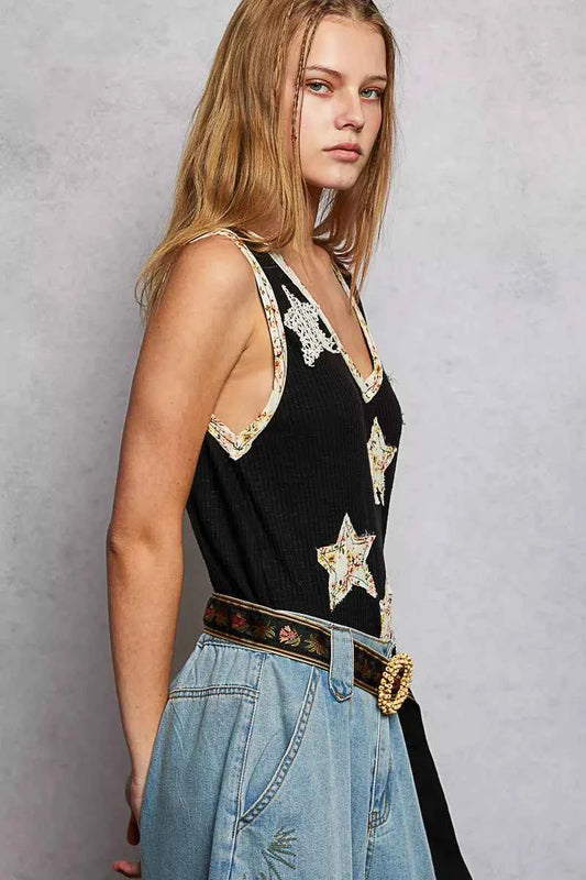 Washed Ribbed V-Neck Tank with Floral Print Star Patch 04aeee92-66a7-4110-8dee-09bdb0240c9a-Max-Origin