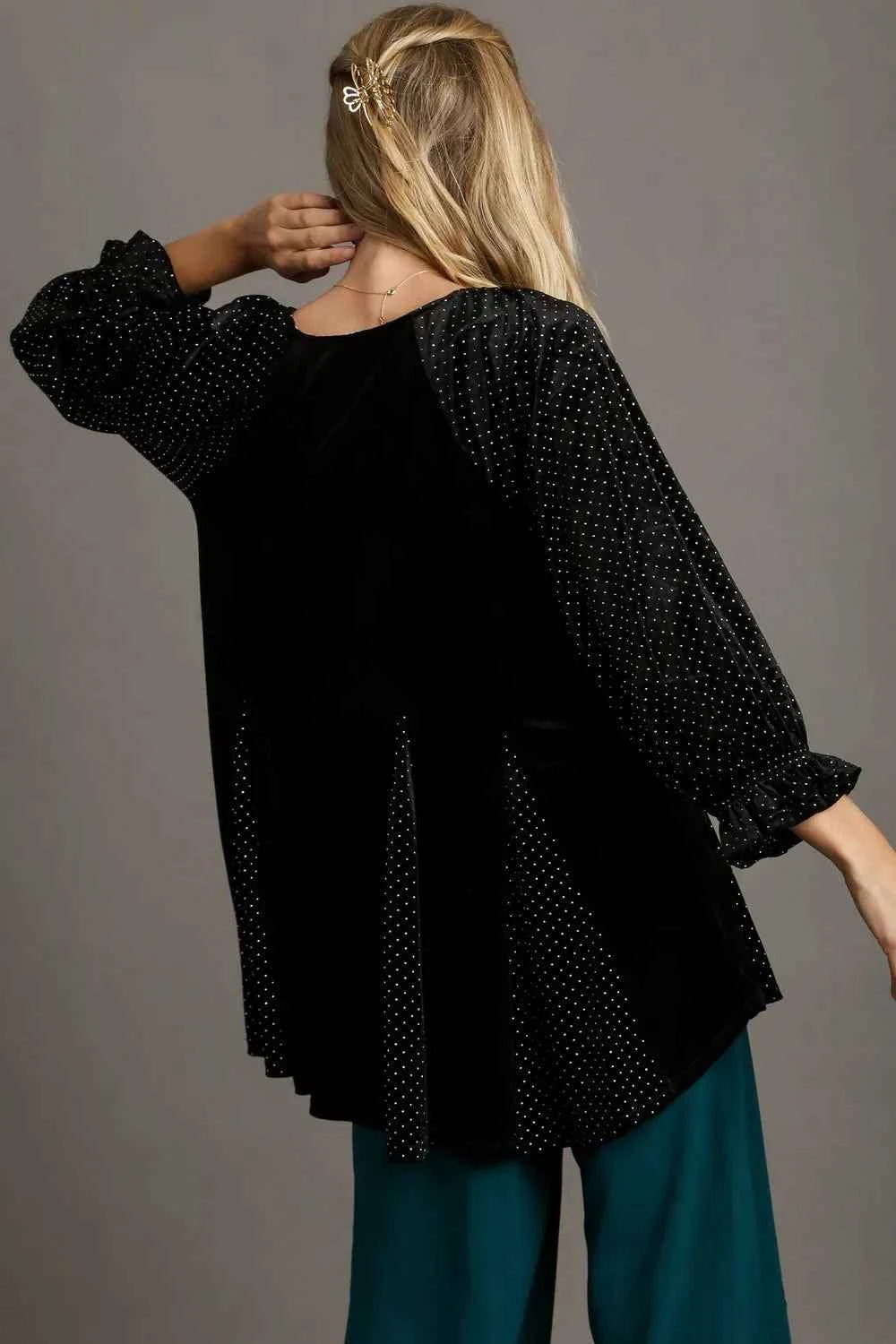Umgee Godet Hem Polka Dot V-Neck Blouse 04b467db-3c82-4d5a-b22a-da1ec2d671ba-Max