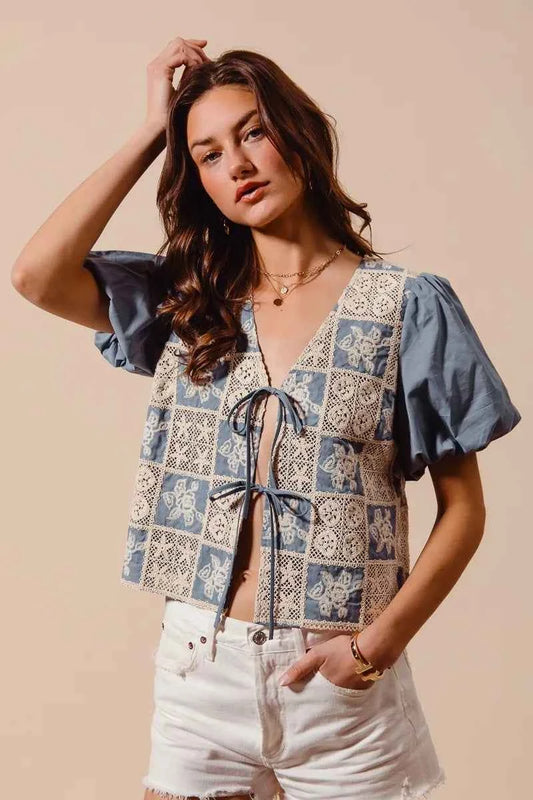 Crochet Lace Tie Front V Neck Blouse Top 04b5b3e558364507b0cc010618b5099c-Max-Origin