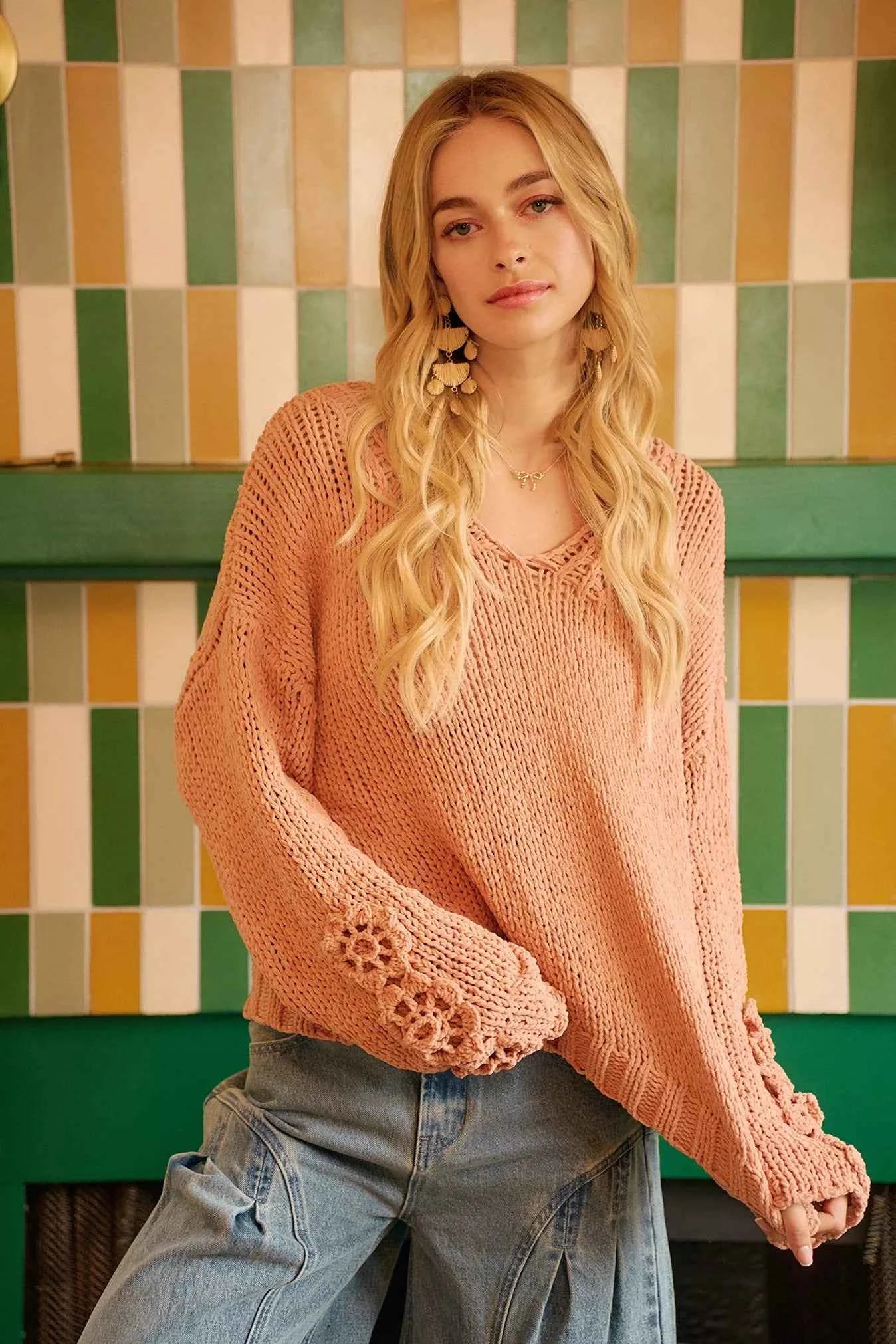 BiBi Chunky Knit Sweater with Flower Detail Sleeves 04b5dff0c51847399b74874b9c5aae79-Max-Origin