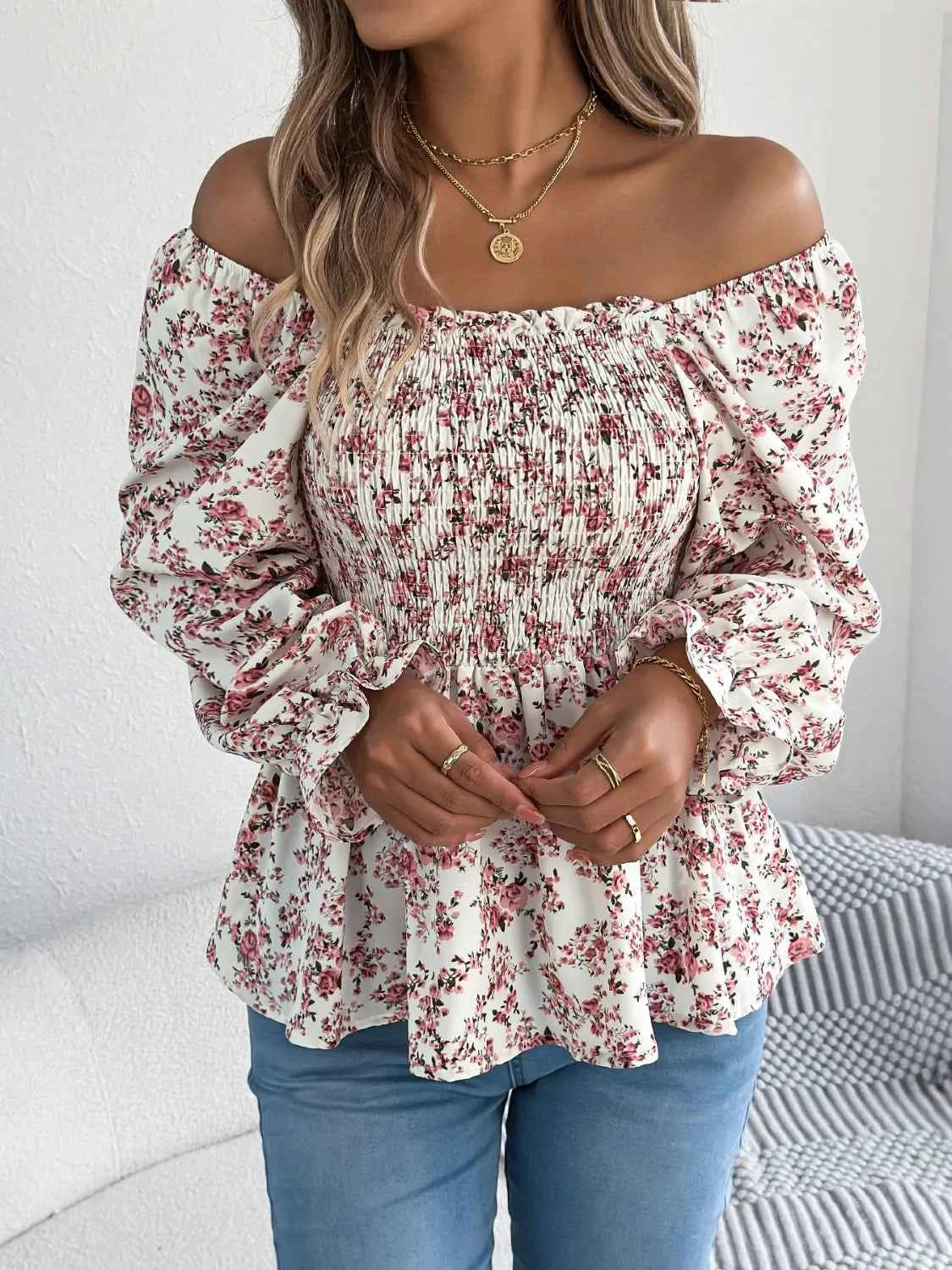 Floral Square Neck Flounce Sleeve Blouse Ivory 04bf0e10-4f2c-478c-8690-ba1c2151e74c-Max-Origin