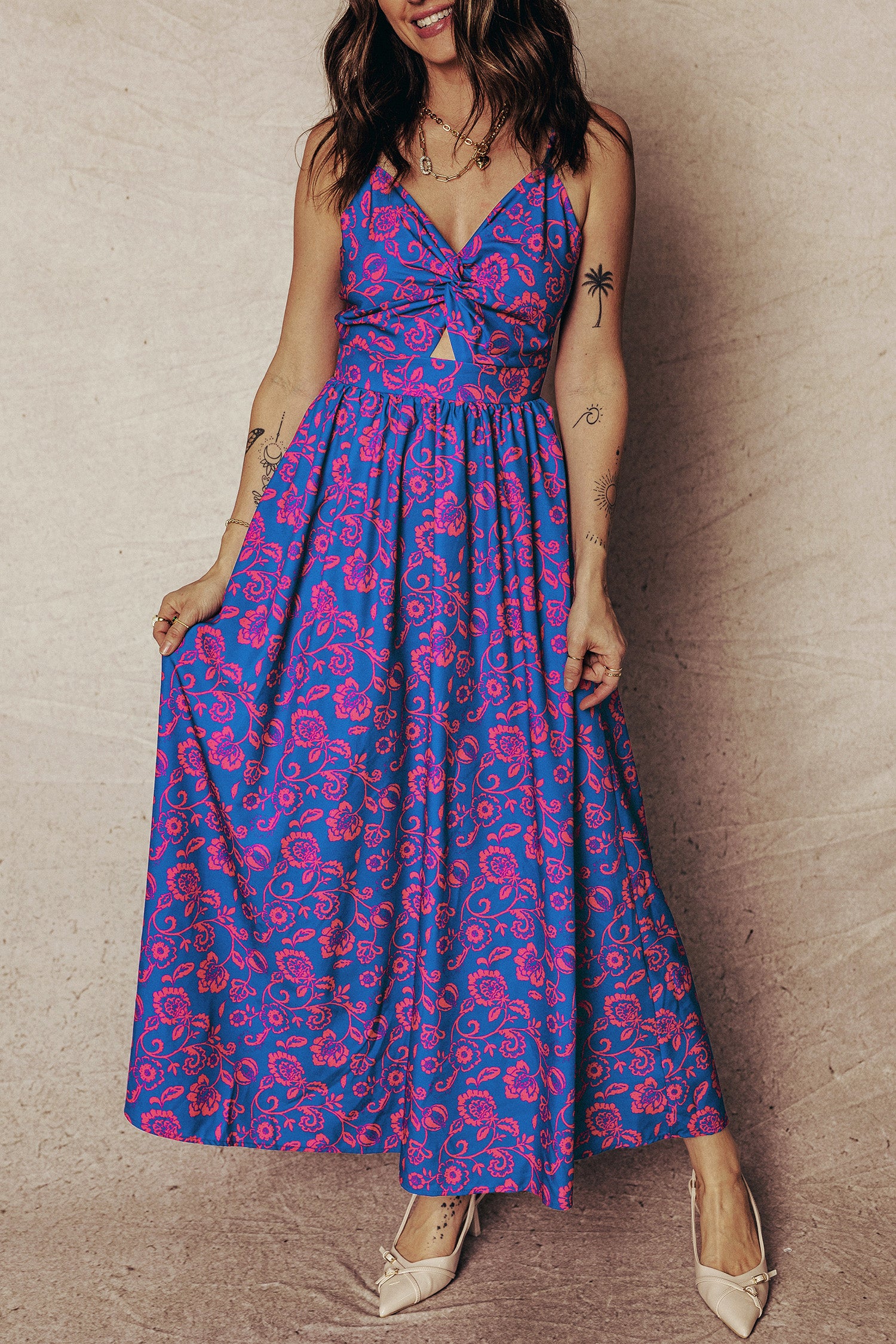 Blue Floral Print Twisted V Neck Tied Backless Maxi Dress Blue 100%Polyester 04bf21c832f96346
