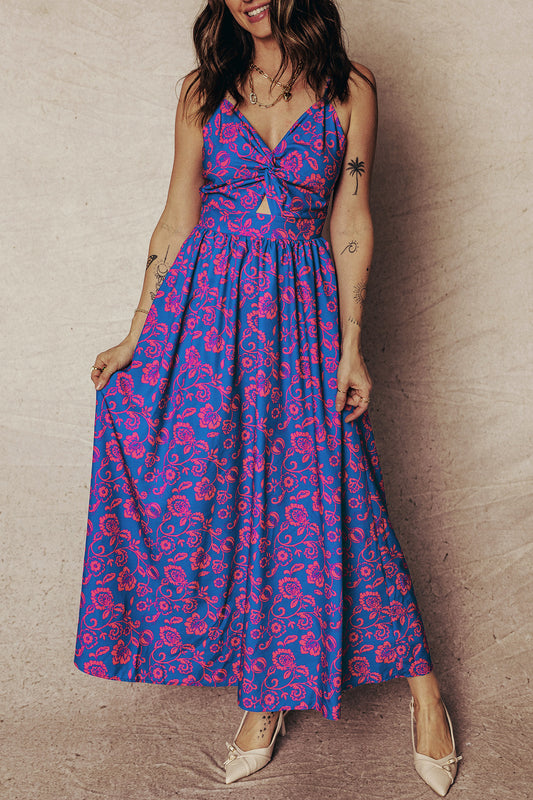 Blue Floral Print Twisted V Neck Tied Backless Maxi Dress Blue 100%Polyester 04bf21c832f96346