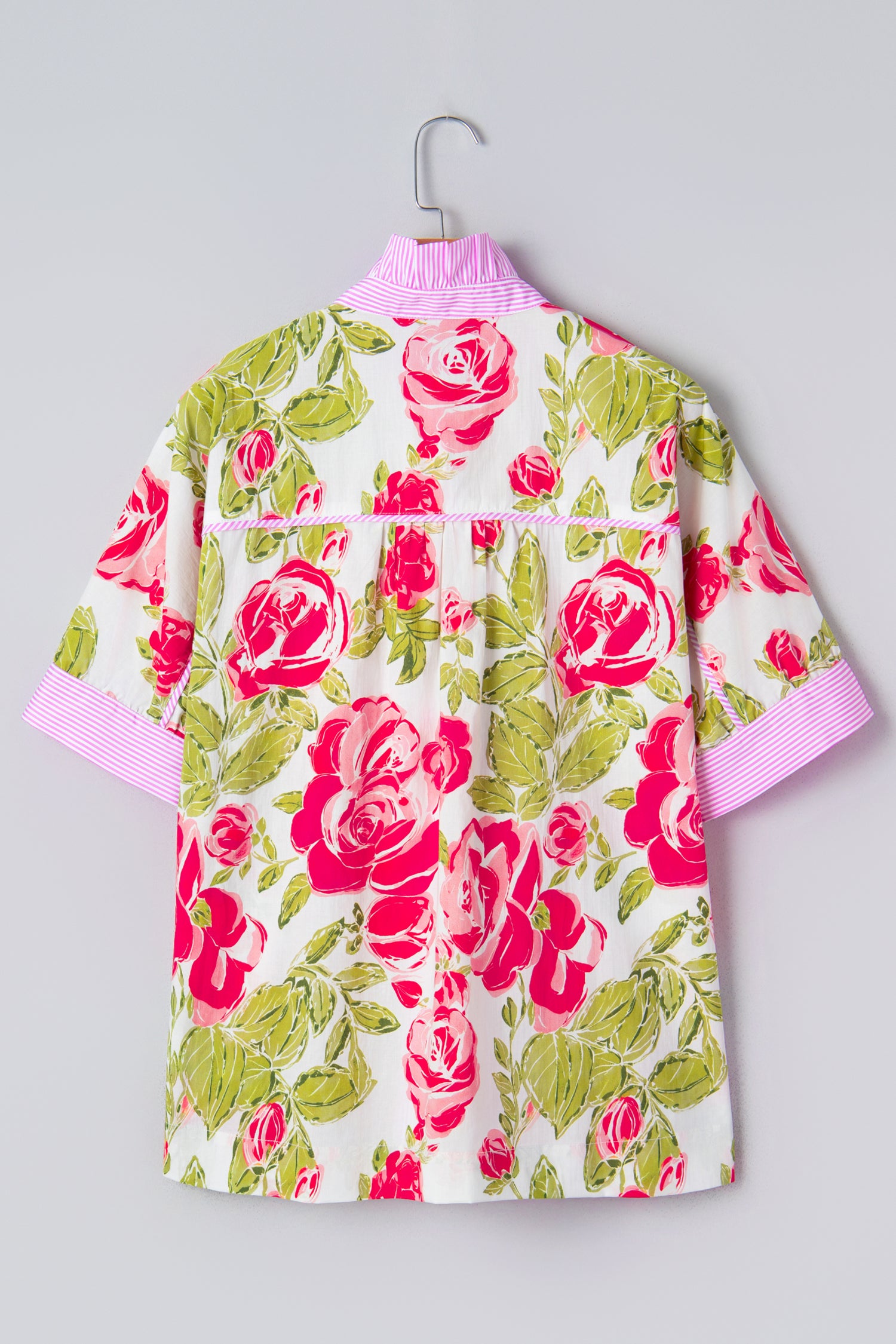 Pink Flower Print Striped Trim Frilled Collar Short Sleeve Shirt 04c3267348d6d927