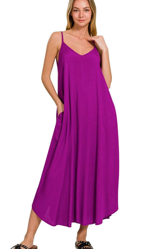 Zenana Woven Arc Hem Cami Dress With Flowy Pockets LT PLUM