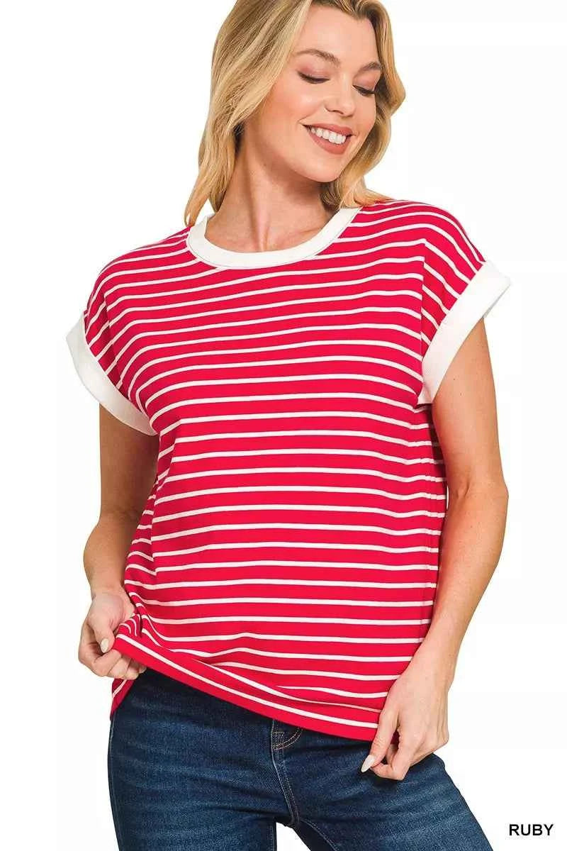 Zenana Full Size Contrast Trim Cap Sleeve Stripe Tee Plus Size RUBY 04c8c6132fba4376b463f41fc46d62ad-Max-Origin