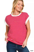 Zenana Full Size Contrast Trim Cap Sleeve Stripe Tee Plus Size RUBY 04c8c6132fba4376b463f41fc46d62ad-Max-Origin