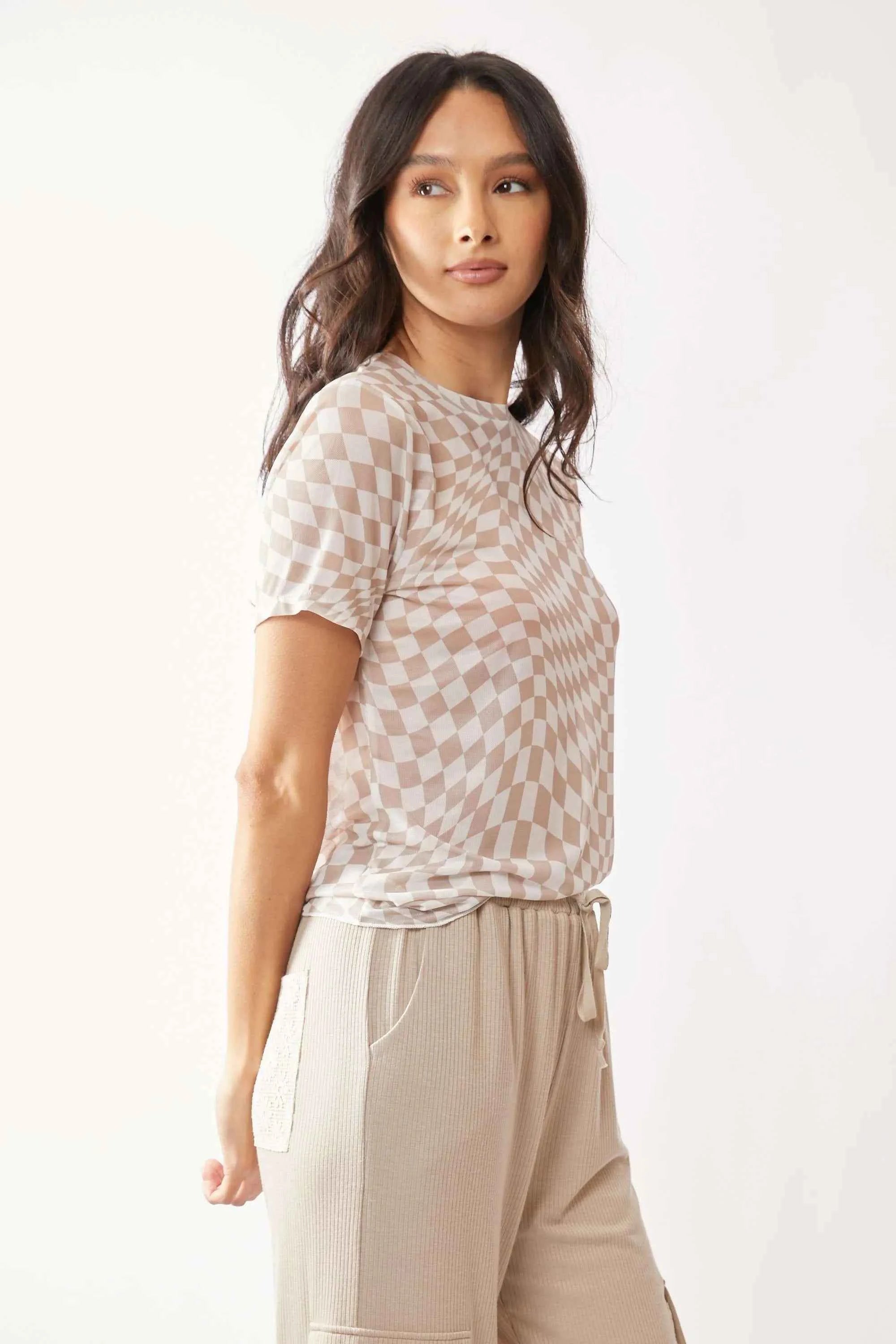 Davi & Dani Checker Board Printed Mesh Short Sleeve Top 04ca48ba6bf84f8f855f943963aa0cf5-Max-Origin