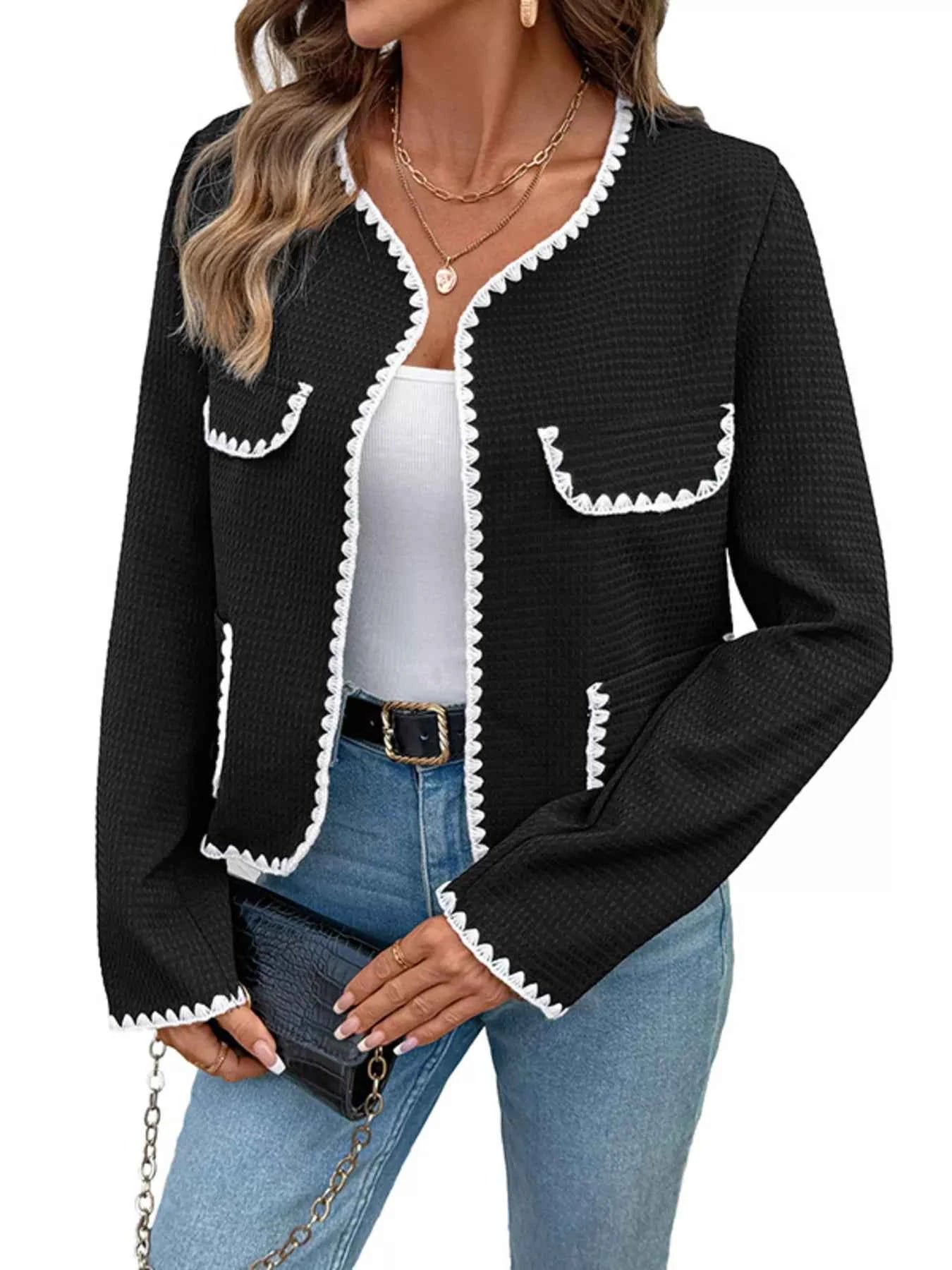 Contrast Trim Open Front Jacket 04d041da0091415bbf89371fe08e782e-Max-Origin