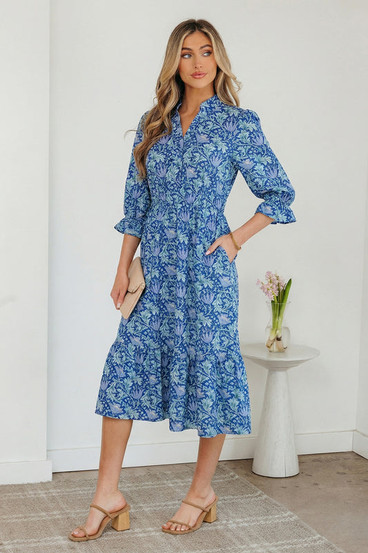Sky Blue Floral Printed Frilled V Neck Bracelet Sleeve Long Dress 04d8a41fd0403333