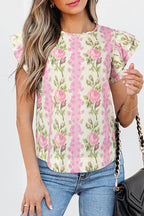 Pink Floral Print Layered Ruffle Sleeve Summer Top Pink 04d8c3a92c6a344f