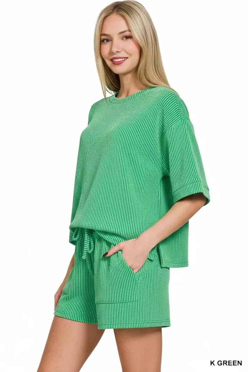 Zenana Raised Rib Short Sleeve Tee and Drawstring Shorts Set 04d96d13-6737-4288-9312-c50bf4a7cce5-Max-Origin