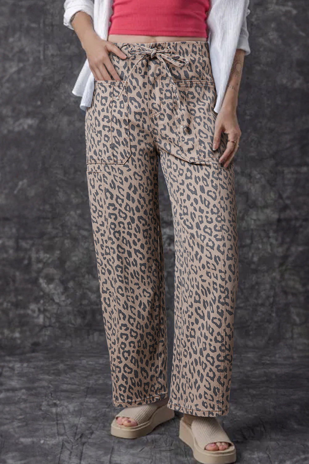 Khaki Leopard Print Drawstring Waist Pocketed Wide Leg Jeans Khaki 65%Cotton+33%Polyester+2%Elastane 04dc688fa6d7009b