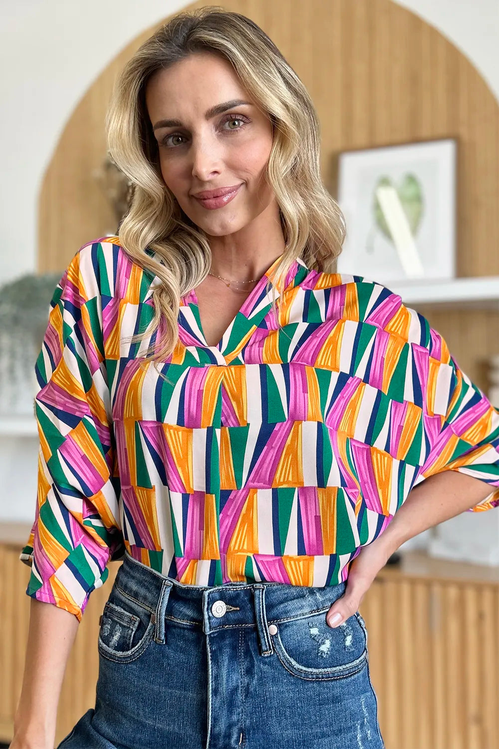 Double Take Full Size Geometric Notched Dolman Sleeve Top 04de85d7-1027-47b5-923f-7a768d616d94-Max