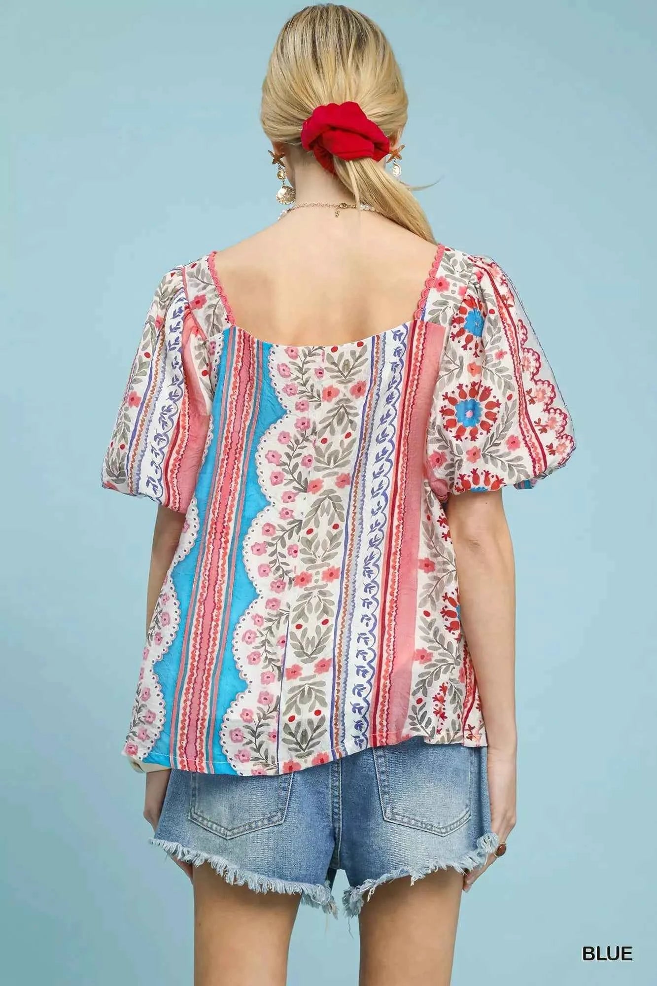 Umgee Patchwork Puff Sleeve Smocked Blouse