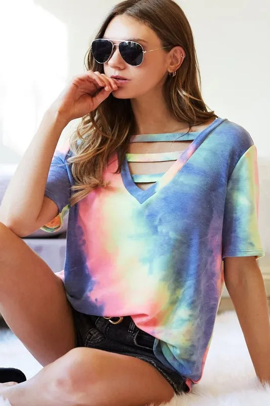 Tie-Dye V-Neck Short Sleeve T-Shirt 04ede992206248c6b28085317104a9a2-Max-Origin