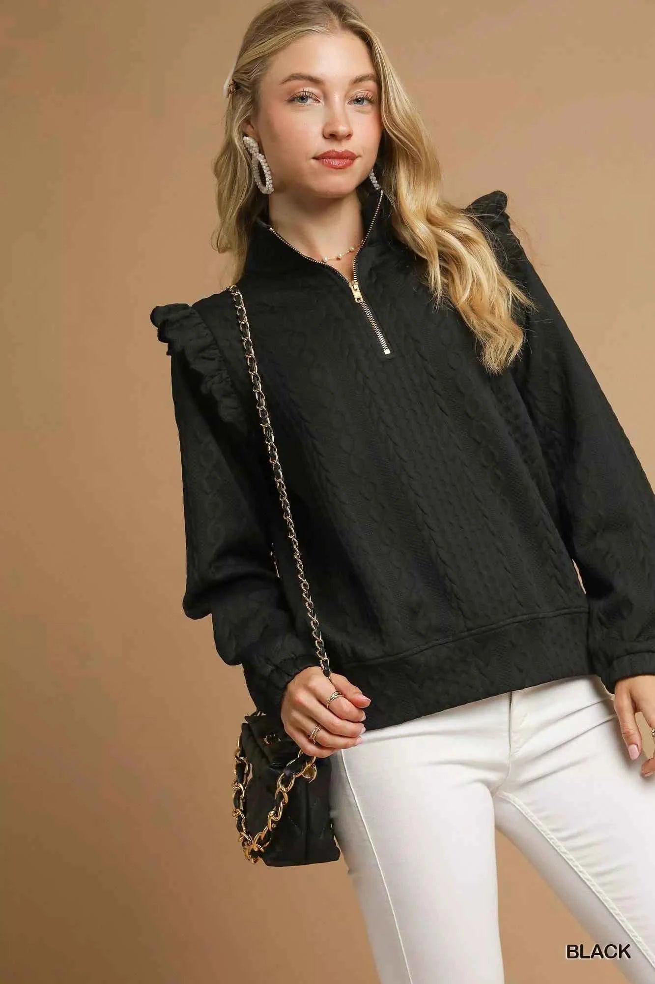 Umgee Cable Knit Textured Pullover with Ruffle Shoulders Black 04eea6fc-c950-4506-8d26-03857985fb40-Max-Origin