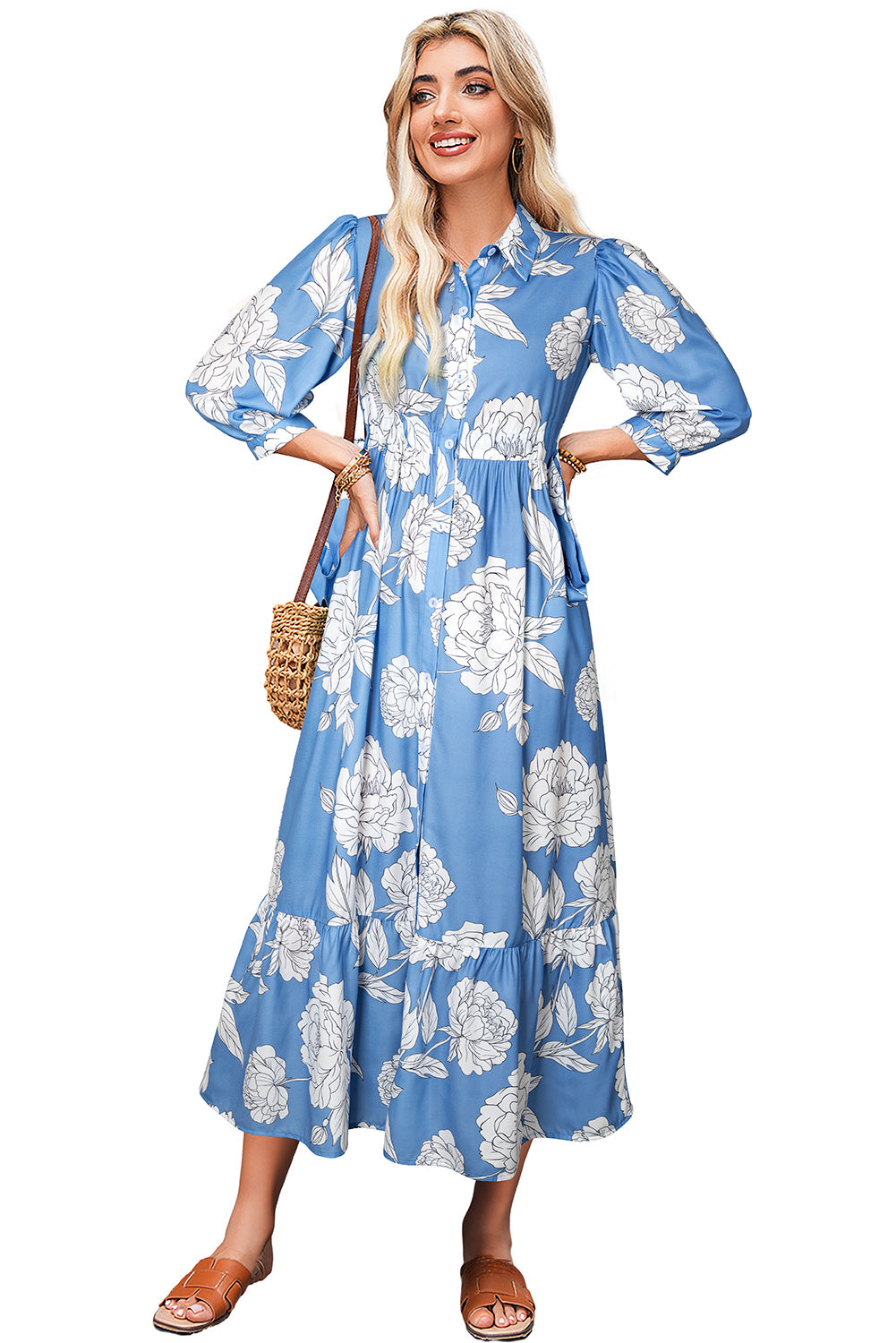 Sky Blue Floral Print Puff Sleeve Collared Dress 04f2bc37e8e91bb5