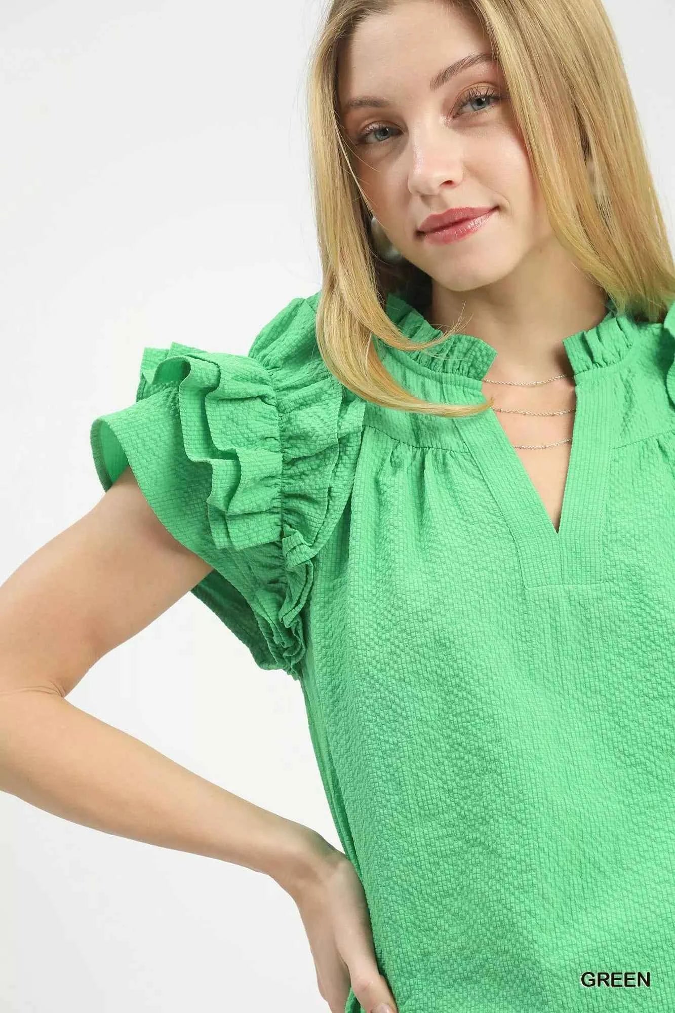 Textured Ruffle Sleeve Notched Top 04fd1cc2-5869-4325-8cef-2c14effcdd33-Max-Origin