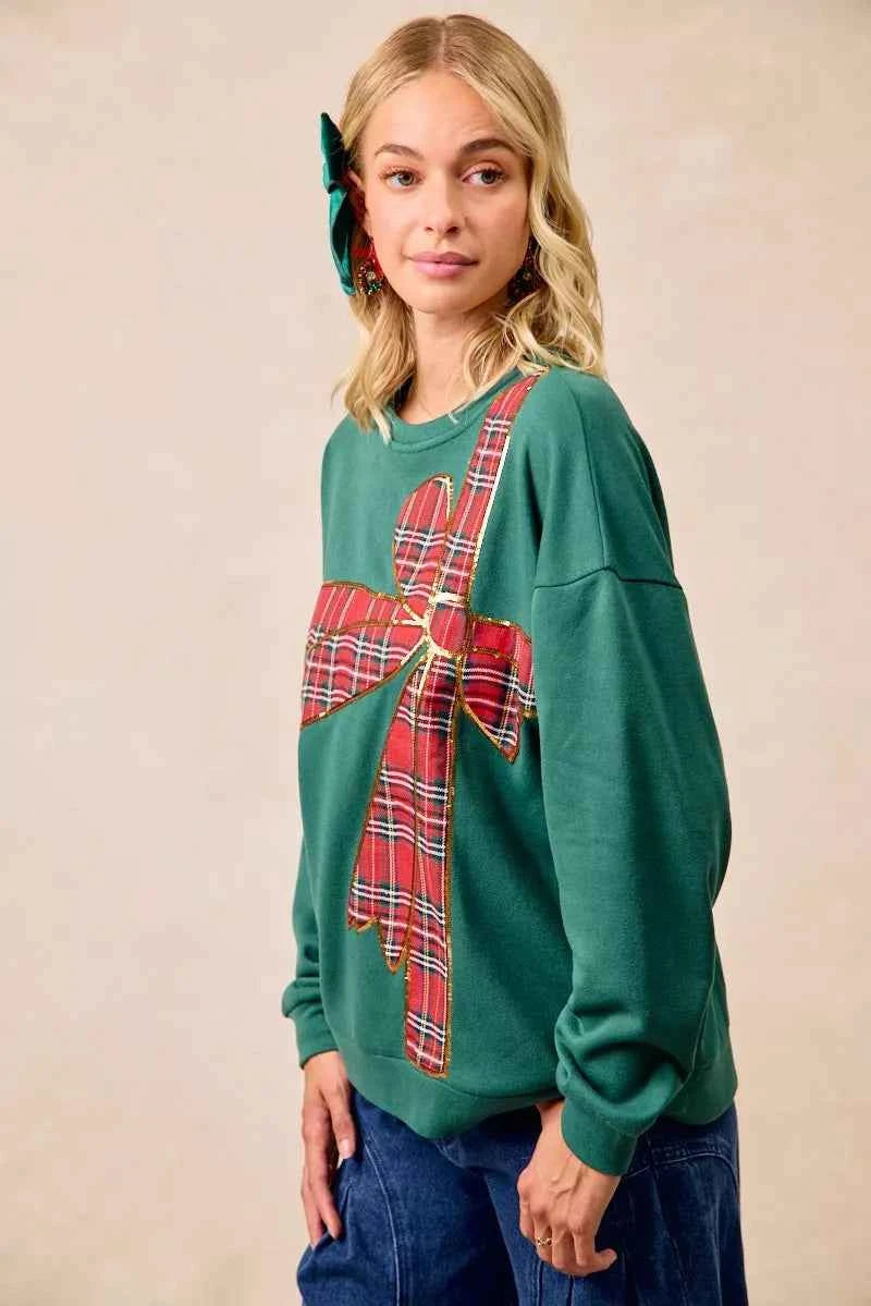 BiBi Plaid Ribbon Bow Detail Christmas Fleece Pullover 050219d468764769ba5b72f1d43aad23-Max-Origin