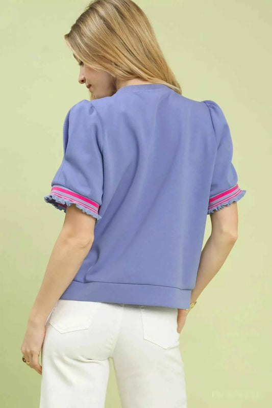 Puff Sleeve Button Front Top with Contrast Trim 05022046-af38-42b8-992e-d07ed5028f3f-Max-Origin