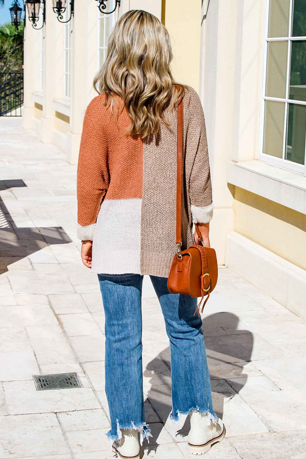 Chestnut Color Block Knit V Neck Loose Sweater 050585f0c0d649aa