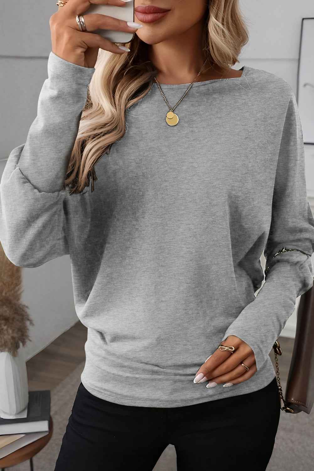 Light Grey Solid Color Round Neck Dolman Sleeve Top 0508251ab086a108