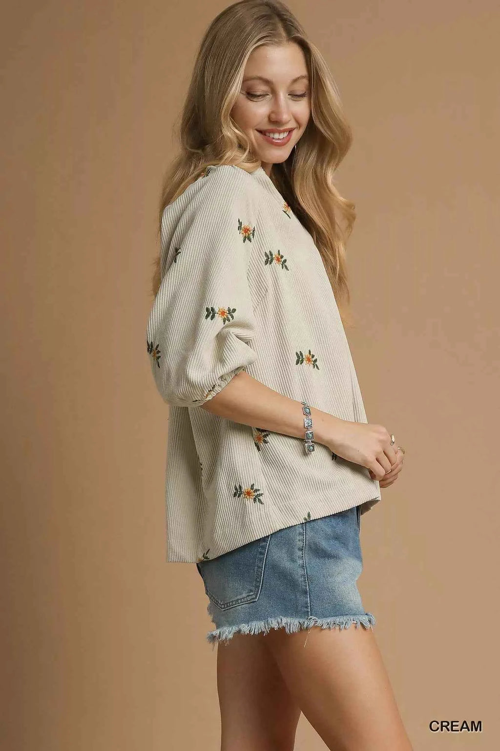 Umgee Corduroy Floral Embroidered Puff Sleeve Blouse 0509c872-0692-4e40-b8e6-d2fa4383d72f-Max-Origin