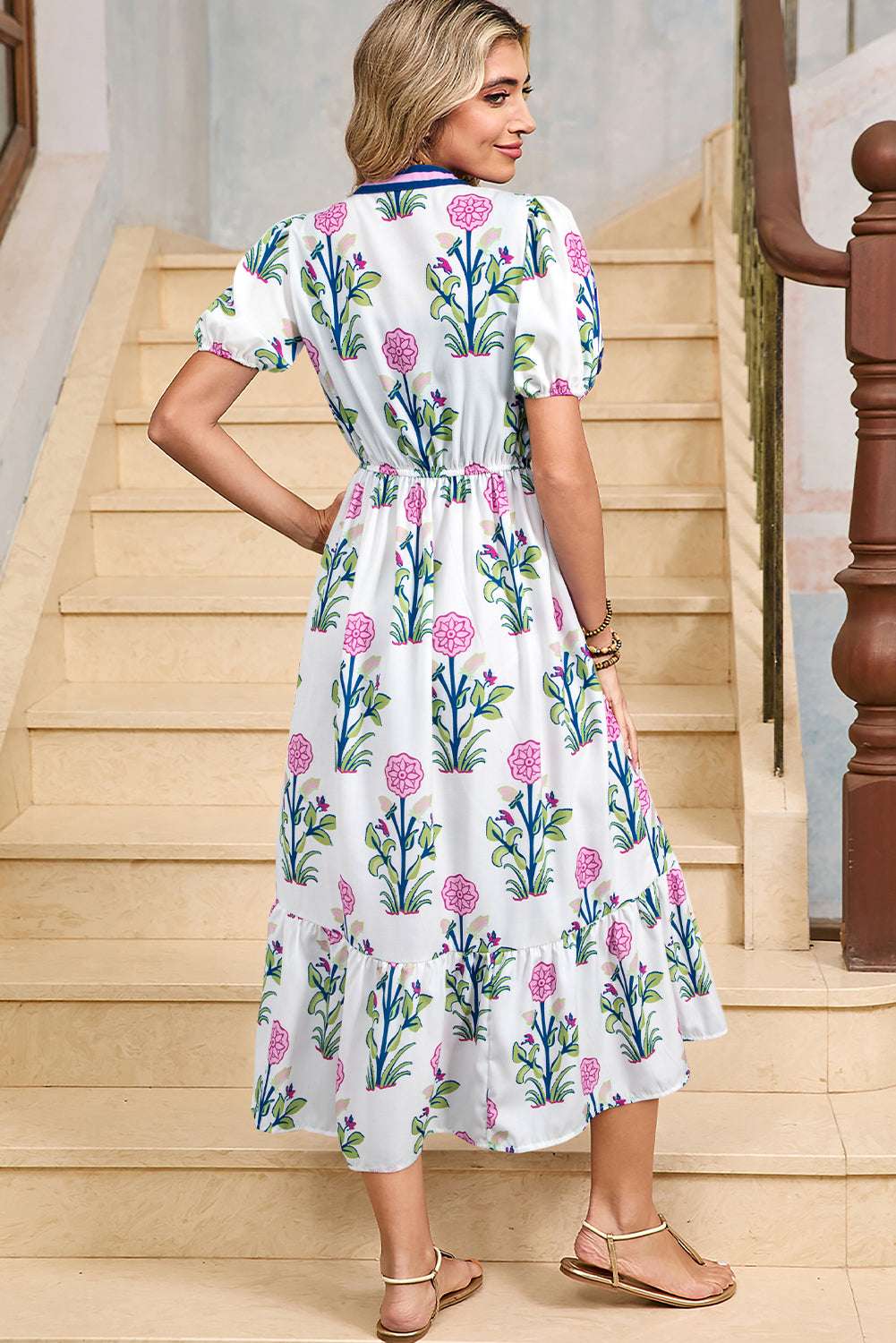 Blue Floral Ruffle Hem Pop of Color Neckline Dress 050ccea4566c2e8c-_18
