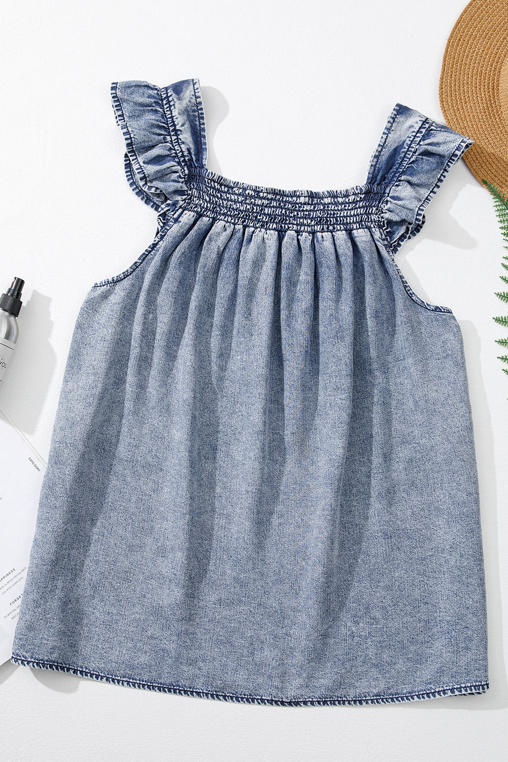 Ashleigh Blue Smocked Neck Frill Denim Sleeveless Top
